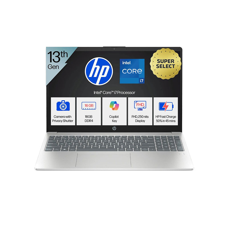 Picture of HP - 13th Gen Intel Core i7-13620H 15.6" (39.6 cm) 15-fr0046TU Thin & Light Laptop (16GB/ 512GB SSD/ Full HD Display/ Intel UHD Graphics/ Anti-Glare/ Camera Privacy Shutter/ Backlit Keyboard/ Mic Mute key/ Windows 11 Home/ MS Office/ 1Year Warranty/ Natural Silver/ 1.65 kg)